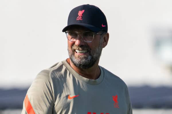 GRÖDIG, AUSTRIA - Friday, July 23, 2021: Liverpool's manager Jürgen Klopp during the pre-match warm-up before a pre-season friendly match between Liverpool FC and FSV Mainz 05 at the Greisbergers Betten-Arena. (Pic by Jürgen Faichter/Propaganda)