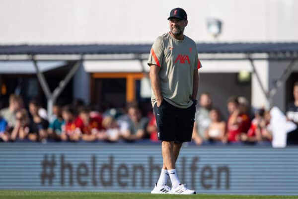 GRÖDIG, AUSTRIA - Friday, July 23, 2021: Liverpool's manager Jürgen Klopp during the pre-match warm-up before a pre-season friendly match between Liverpool FC and FSV Mainz 05 at the Greisbergers Betten-Arena. (Pic by Jürgen Faichter/Propaganda)