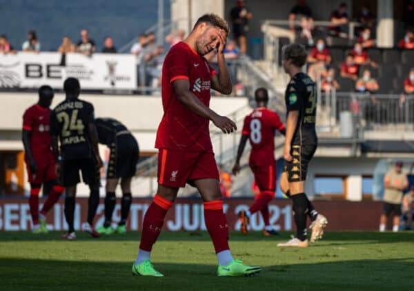 GRÖDIG, AUSTRIA - Friday, July 23, 2021: Liverpool's Alex Oxlade-Chamberlain looks dejected after missing a chance during a pre-season friendly match between Liverpool FC and FSV Mainz 05 at the Greisbergers Betten-Arena. (Pic by Jürgen Faichter/Propaganda)