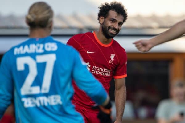 GRÖDIG, AUSTRIA - Friday, July 23, 2021: Liverpool's Mohamed Salah looks dejected after missing a chance during a pre-season friendly match between Liverpool FC and FSV Mainz 05 at the Greisbergers Betten-Arena. (Pic by Jürgen Faichter/Propaganda)