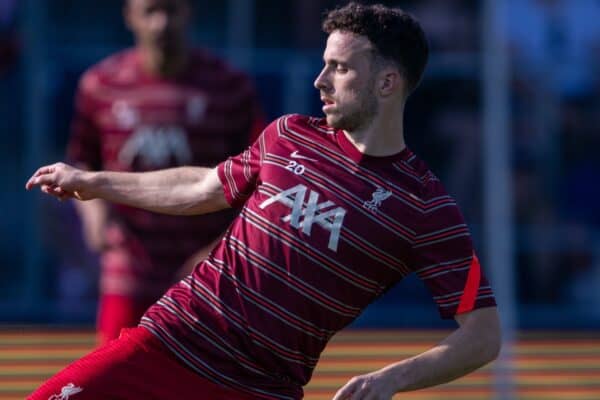 GRÖDIG, AUSTRIA - Friday, July 23, 2021: Liverpool's Diogo Jota during the pre-match warm-up before a pre-season friendly match between Liverpool FC and FSV Mainz 05 at the Greisbergers Betten-Arena. (Pic by Jürgen Faichter/Propaganda)