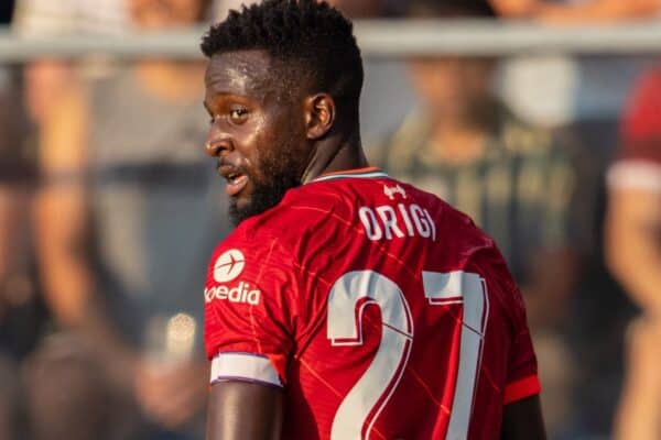 GRÖDIG, AUSTRIA - Friday, July 23, 2021: Liverpool's Divock Origi during a pre-season friendly match between Liverpool FC and FSV Mainz 05 at the Greisbergers Betten-Arena. (Pic by Jürgen Faichter/Propaganda)