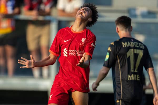 GRÖDIG, AUSTRIA - Friday, July 23, 2021: Liverpool's Kaide Gordon looks dejected after missing a chance during a pre-season friendly match between Liverpool FC and FSV Mainz 05 at the Greisbergers Betten-Arena. (Pic by Jürgen Faichter/Propaganda)