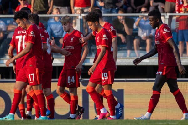 GRÖDIG, AUSTRIA - Friday, July 23, 2021: Liverpool players celebrate after an own-goal gave them a 1-0 victory during a pre-season friendly match between Liverpool FC and FSV Mainz 05 at the Greisbergers Betten-Arena. (Pic by Jürgen Faichter/Propaganda)