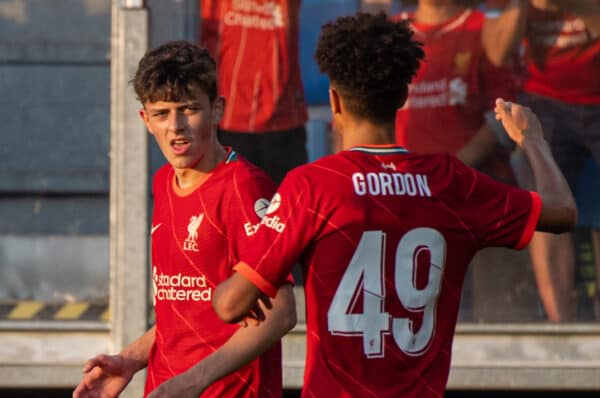 GRÖDIG, AUSTRIA - Friday, July 23, 2021: Liverpool's Owen Beck is congratulated by team-mates after crossing the ball and forcing an own goal from FSV Mainz 05 during a pre-season friendly match between Liverpool FC and FSV Mainz 05 at the Greisbergers Betten-Arena. (Pic by Jürgen Faichter/Propaganda)