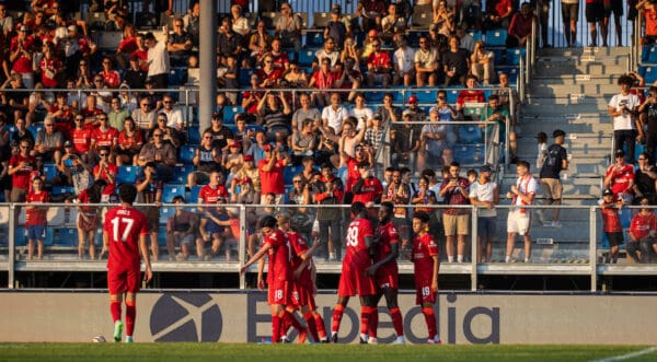 GRÖDIG, AUSTRIA - Friday, July 23, 2021: Liverpool's Owen Beck is congratulated by team-mates after crossing the ball and forcing an own goal from FSV Mainz 05 during a pre-season friendly match between Liverpool FC and FSV Mainz 05 at the Greisbergers Betten-Arena. (Pic by Jürgen Faichter/Propaganda)