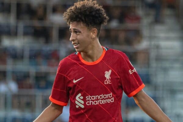 GRÖDIG, AUSTRIA - Friday, July 23, 2021: Liverpool's Kaide Gordon during a pre-season friendly match between Liverpool FC and FSV Mainz 05 at the Greisbergers Betten-Arena. (Pic by Jürgen Faichter/Propaganda)