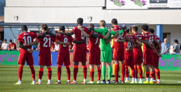 GRÖDIG, AUSTRIA - Friday, July 23, 2021: Liverpool players line-up before a pre-season friendly match between Liverpool FC and FSV Mainz 05 at the Greisbergers Betten-Arena. (Pic by Jürgen Faichter/Propaganda)