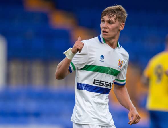 BIRKENHEAD, ENGLAND - Tuesday, July 27, 2021: Tranmere Rovers' Paul Glatzel, on loan from Liverpool FC, in action during a preseason friendly match between Tranmere Rovers FC and Sunderland AFC at Prenton Park. (Pic by David Rawcliffe/Propaganda)