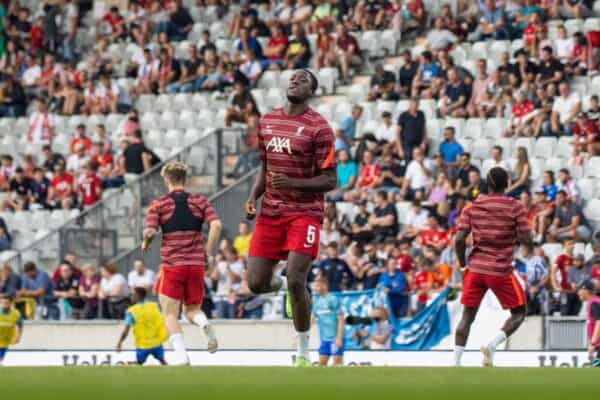 INNSBRUCK, AUSTRIA - Thursday, July 29, 2021: Liverpool's Ibrahima Konaté during the pre-match warm-up before a pre-season friendly match between Liverpool FC and Hertha BSC at the Tivoli Stadion. (Pic by Jürgen Faichter/Propaganda)