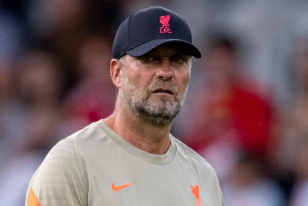 INNSBRUCK, AUSTRIA - Thursday, July 29, 2021: Liverpool's manager Jürgen Klopp during the pre-match warm-up before a pre-season friendly match between Liverpool FC and Hertha BSC at the Tivoli Stadion. (Pic by Jürgen Faichter/Propaganda)