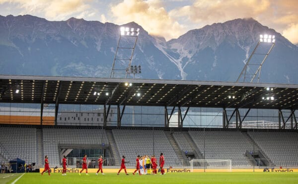 INNSBRUCK, AUSTRIA - Thursday, July 29, 2021: Liverpool players wallk out before a pre-season friendly match between Liverpool FC and Hertha BSC at the Tivoli Stadion. (Pic by Jürgen Faichter/Propaganda)