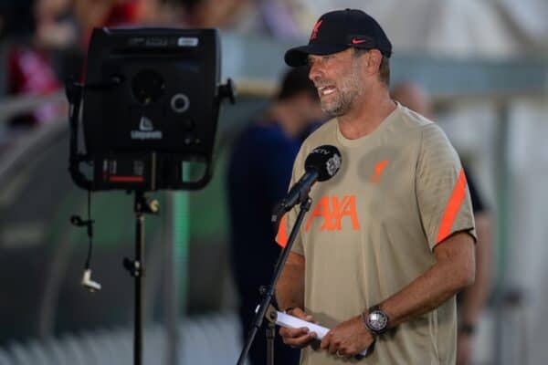 INNSBRUCK, AUSTRIA - Thursday, July 29, 2021: Liverpool's manager Jürgen Klopp speaks to LFC.TV before a pre-season friendly match between Liverpool FC and Hertha BSC at the Tivoli Stadion. (Pic by Jürgen Faichter/Propaganda)