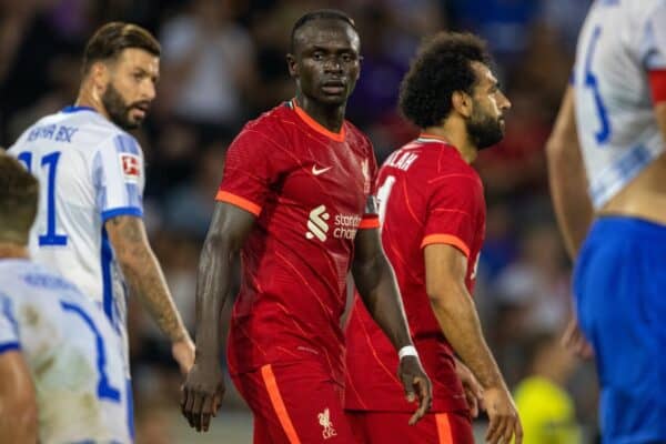 INNSBRUCK, AUSTRIA - Thursday, July 29, 2021: Liverpool's Sadio Mané celebrates after scoring the his side's first goal during a pre-season friendly match between Liverpool FC and Hertha BSC at the Tivoli Stadion. (Pic by Jürgen Faichter/Propaganda)