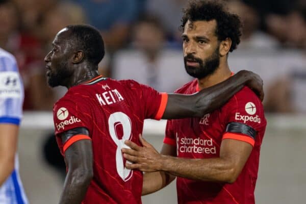 INNSBRUCK, AUSTRIA - Thursday, July 29, 2021: Liverpool's Mohamed Salah (R) celebrates his side's second goal with team-mate Naby Keita during a pre-season friendly match between Liverpool FC and Hertha BSC at the Tivoli Stadion. (Pic by Jürgen Faichter/Propaganda)