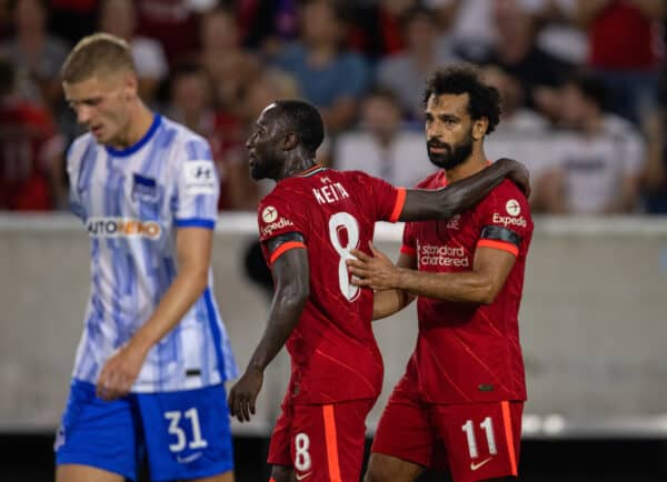 INNSBRUCK, AUSTRIA - Thursday, July 29, 2021: Liverpool's Mohamed Salah (R) celebrates his side's second goal with team-mate Naby Keita during a pre-season friendly match between Liverpool FC and Hertha BSC at the Tivoli Stadion. (Pic by Jürgen Faichter/Propaganda)