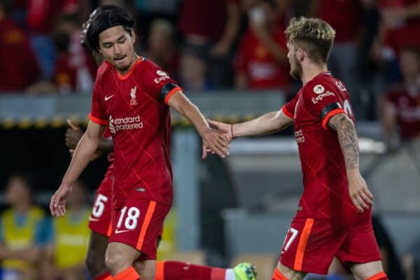 INNSBRUCK, AUSTRIA - Thursday, July 29, 2021: Liverpool's Takumi Minamino (L) celebrates after scoring the second goal with team-mate Harvey Elliott during a pre-season friendly match between Liverpool FC and Hertha BSC at the Tivoli Stadion. (Pic by Jürgen Faichter/Propaganda)