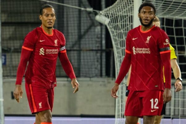 INNSBRUCK, AUSTRIA - Thursday, July 29, 2021: Liverpool's captain Virgil van Dijk (L) and Joe Gomez look dejected as Hertha BSC score the fourth goal during a pre-season friendly match between Liverpool FC and Hertha BSC at the Tivoli Stadion. (Pic by Jürgen Faichter/Propaganda)