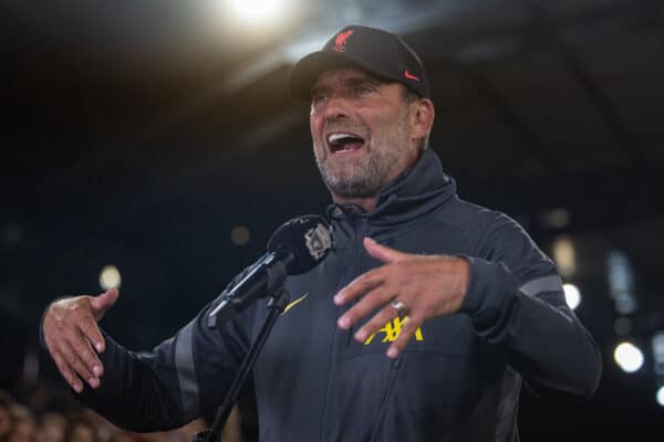 INNSBRUCK, AUSTRIA - Thursday, July 29, 2021: Liverpool's manager Jürgen Klopp speaks to LFC.TV after a pre-season friendly match between Liverpool FC and Hertha BSC at the Tivoli Stadion. (Pic by Jürgen Faichter/Propaganda)