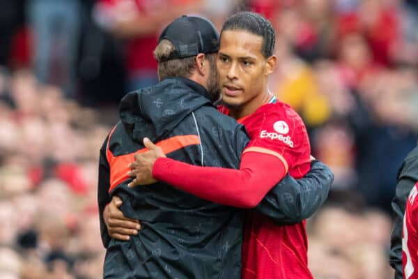 LIVERPOOL, ENGLAND - Sunday, August 8, 2021: Liverpool's Virgil van Dijk embraces manager Jürgen Klopp as he is substituted during a pre-season friendly match between Liverpool FC and Athletic Club de Bilbao at Anfield. (Pic by David Rawcliffe/Propaganda)