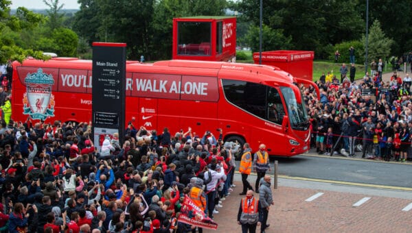 LIVERPOOL, ENGLAND - Sunday, August 8, 2021: The Liverpool team bus arrives before a pre-season friendly match between Liverpool FC and Athletic Club de Bilbao at Anfield. (Pic by David Rawcliffe/Propaganda)