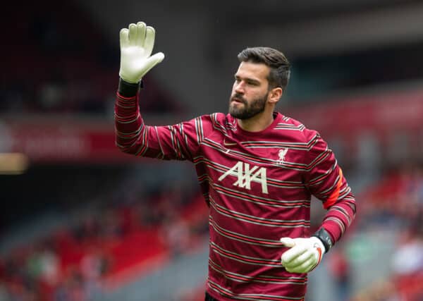 LIVERPOOL, ENGLAND - Sunday, August 8, 2021: Liverpool's goalkeeper Alisson Becker during the pre-match warm-up before a pre-season friendly match between Liverpool FC and Athletic Club de Bilbao at Anfield. (Pic by David Rawcliffe/Propaganda)