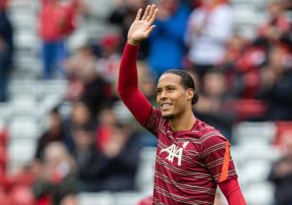 LIVERPOOL, ENGLAND - Sunday, August 8, 2021: Liverpool's Virgil van Dijk during the pre-match warm-up before a pre-season friendly match between Liverpool FC and Athletic Club de Bilbao at Anfield. (Pic by David Rawcliffe/Propaganda)