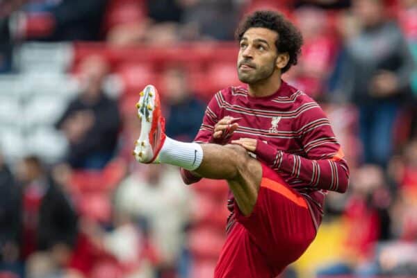 LIVERPOOL, ENGLAND - Sunday, August 8, 2021: Liverpool's Mohamed Salah during the pre-match warm-up before a pre-season friendly match between Liverpool FC and Athletic Club de Bilbao at Anfield. (Pic by David Rawcliffe/Propaganda)