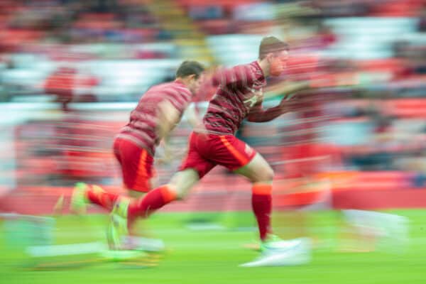 LIVERPOOL, ENGLAND - Sunday, August 8, 2021: Liverpool's Andy Robertson during the pre-match warm-up before a pre-season friendly match between Liverpool FC and Athletic Club de Bilbao at Anfield. (Pic by David Rawcliffe/Propaganda)