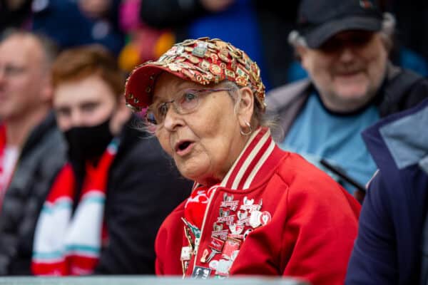 LIVERPOOL, ENGLAND - Sunday, August 8, 2021: A Liverpool supporter during a pre-season friendly match between Liverpool FC and Athletic Club de Bilbao at Anfield. (Pic by David Rawcliffe/Propaganda)