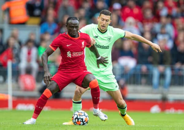 LIVERPOOL, ENGLAND - Sunday, August 8, 2021: Liverpool's Sadio Mané (L) and Athletic Club Bilbao's Óscar De Marcos during a pre-season friendly match between Liverpool FC and Athletic Club de Bilbao at Anfield. (Pic by David Rawcliffe/Propaganda)