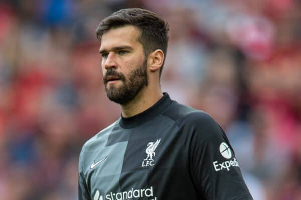 LIVERPOOL, ENGLAND - Sunday, August 8, 2021: Liverpool's goalkeeper Alisson Becker during a pre-season friendly match between Liverpool FC and Athletic Club de Bilbao at Anfield. (Pic by David Rawcliffe/Propaganda)