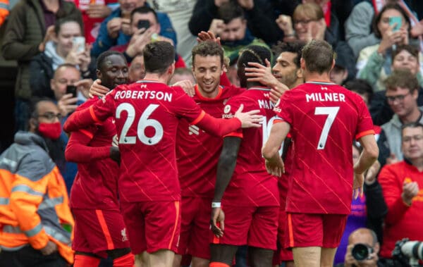 LIVERPOOL, ENGLAND - Sunday, August 8, 2021: Liverpool's Diogo Jota (C) celebrates after scoring the first goal during a pre-season friendly match between Liverpool FC and Athletic Club de Bilbao at Anfield. (Pic by David Rawcliffe/Propaganda)