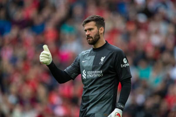 LIVERPOOL, ENGLAND - Sunday, August 8, 2021: Liverpool's goalkeeper Alisson Becker during a pre-season friendly match between Liverpool FC and Athletic Club de Bilbao at Anfield. (Pic by David Rawcliffe/Propaganda)