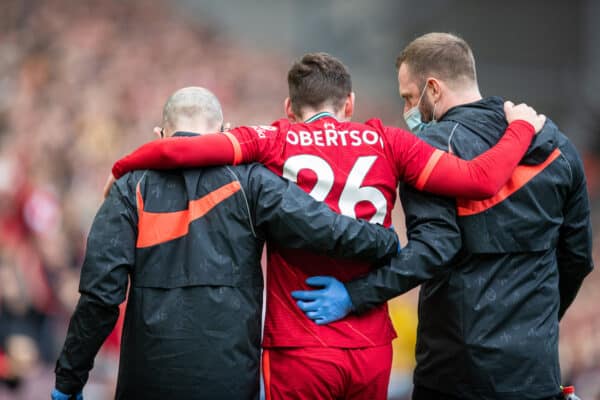 LIVERPOOL, ENGLAND - Sunday, August 8, 2021: Liverpool's Andy Robertson goes off with an injury during a pre-season friendly match between Liverpool FC and Athletic Club de Bilbao at Anfield. The game ended in a 1-1 draw. (Pic by David Rawcliffe/Propaganda)