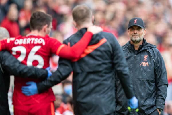 LIVERPOOL, ENGLAND - Sunday, August 8, 2021: Liverpool's manager Jürgen Klopp looks on as Andy Robertson goes off with an injury during a pre-season friendly match between Liverpool FC and Athletic Club de Bilbao at Anfield. (Pic by David Rawcliffe/Propaganda)