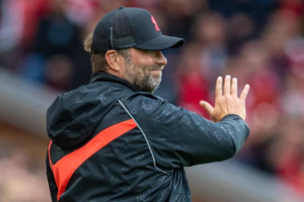 LIVERPOOL, ENGLAND - Sunday, August 8, 2021: Liverpool's manager Jürgen Klopp during a pre-season friendly match between Liverpool FC and Athletic Club de Bilbao at Anfield. (Pic by David Rawcliffe/Propaganda)