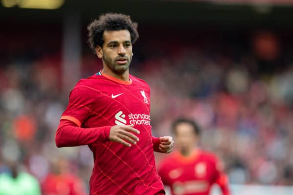 LIVERPOOL, ENGLAND - Sunday, August 8, 2021: Liverpool's Mohamed Salah during a pre-season friendly match between Liverpool FC and Athletic Club de Bilbao at Anfield. (Pic by David Rawcliffe/Propaganda)
