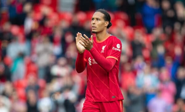 LIVERPOOL, ENGLAND - Sunday, August 8, 2021: Liverpool's Virgil van Dijk applauds the supporters after a pre-season friendly match between Liverpool FC and Athletic Club de Bilbao at Anfield. (Pic by David Rawcliffe/Propaganda)