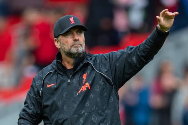 LIVERPOOL, ENGLAND - Sunday, August 8, 2021: Liverpool's manager Jürgen Klopp waves to the supporters after a pre-season friendly match between Liverpool FC and Athletic Club de Bilbao at Anfield. (Pic by David Rawcliffe/Propaganda)