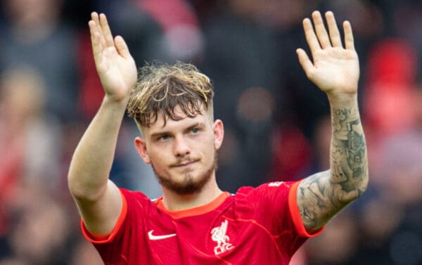 LIVERPOOL, ENGLAND - Sunday, August 8, 2`021: Liverpool's Harvey Elliott waves to the supporters after a pre-season friendly match between Liverpool FC and Athletic Club de Bilbao at Anfield. (Pic by David Rawcliffe/Propaganda)