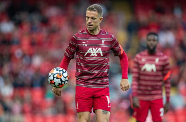 LIVERPOOL, ENGLAND - Monday, August 9, 2021: Liverpool's captain Jordan Henderson during the pre-match warm-up before a pre-season friendly match between Liverpool FC and Club Atlético Osasuna at Anfield. (Pic by David Rawcliffe/Propaganda)