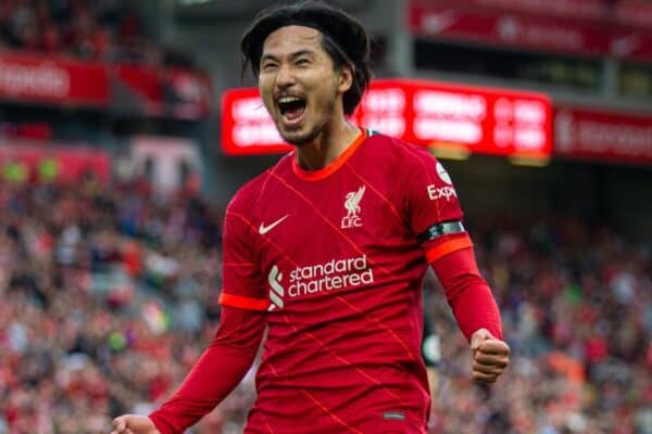 LIVERPOOL, ENGLAND - Monday, August 9, 2021: Liverpool's Takumi Minamino celebrates after scoring the first goal during a pre-season friendly match between Liverpool FC and Club Atlético Osasuna at Anfield. (Pic by David Rawcliffe/Propaganda)