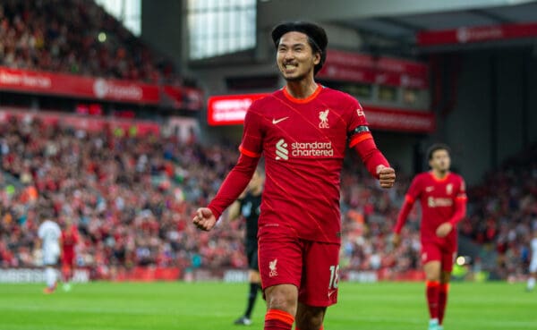 LIVERPOOL, ENGLAND - Monday, August 9, 2021: Liverpool's Takumi Minamino celebrates after scoring the first goal during a pre-season friendly match between Liverpool FC and Club Atlético Osasuna at Anfield. (Pic by David Rawcliffe/Propaganda)