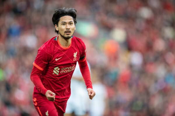 LIVERPOOL, ENGLAND - Monday, August 9, 2021: Liverpool's Takumi Minamino celebrates after scoring the first goal during a pre-season friendly match between Liverpool FC and Club Atlético Osasuna at Anfield. (Pic by David Rawcliffe/Propaganda)