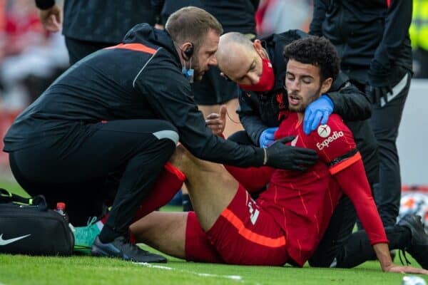 LIVERPOOL, ENGLAND - Monday, August 9, 2021: Liverpool's Curtis Jones goes down with an injury during a pre-season friendly match between Liverpool FC and Club Atlético Osasuna at Anfield. (Pic by David Rawcliffe/Propaganda)