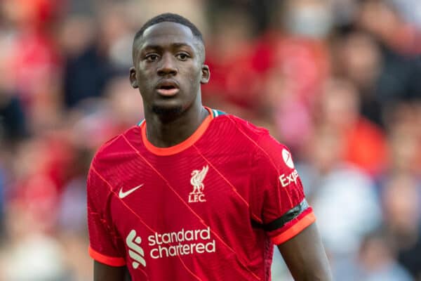 LIVERPOOL, ENGLAND - Monday, August 9, 2021: Liverpool's Ibrahima Konaté during a pre-season friendly match between Liverpool FC and Club Atlético Osasuna at Anfield. (Pic by David Rawcliffe/Propaganda)