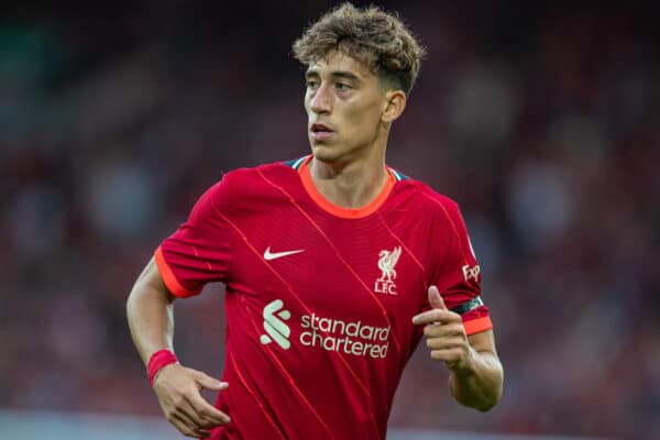 LIVERPOOL, ENGLAND - Monday, August 9, 2021: Liverpool's Kostas Tsimikas during a pre-season friendly match between Liverpool FC and Club Atlético Osasuna at Anfield. (Pic by David Rawcliffe/Propaganda)