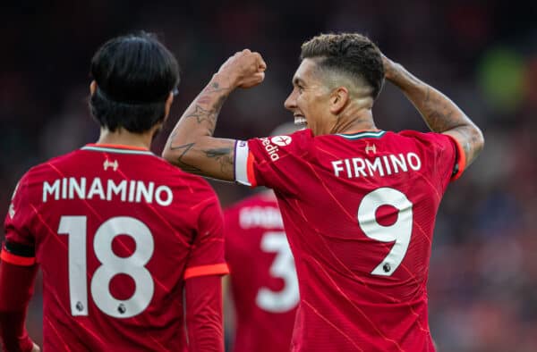 LIVERPOOL, ENGLAND - Monday, August 9, 2021: Liverpool's Roberto Firmino celebrates after scoring the second goal during a pre-season friendly match between Liverpool FC and Club Atlético Osasuna at Anfield. (Pic by David Rawcliffe/Propaganda)