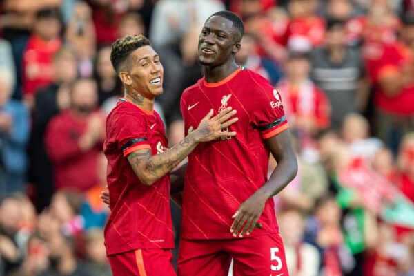 LIVERPOOL, ENGLAND - Monday, August 9, 2021: Liverpool's Roberto Firmino (L) celebrates after scoring the third goal, his second, with team-mate Ibrahima Konaté during a pre-season friendly match between Liverpool FC and Club Atlético Osasuna at Anfield. (Pic by David Rawcliffe/Propaganda)